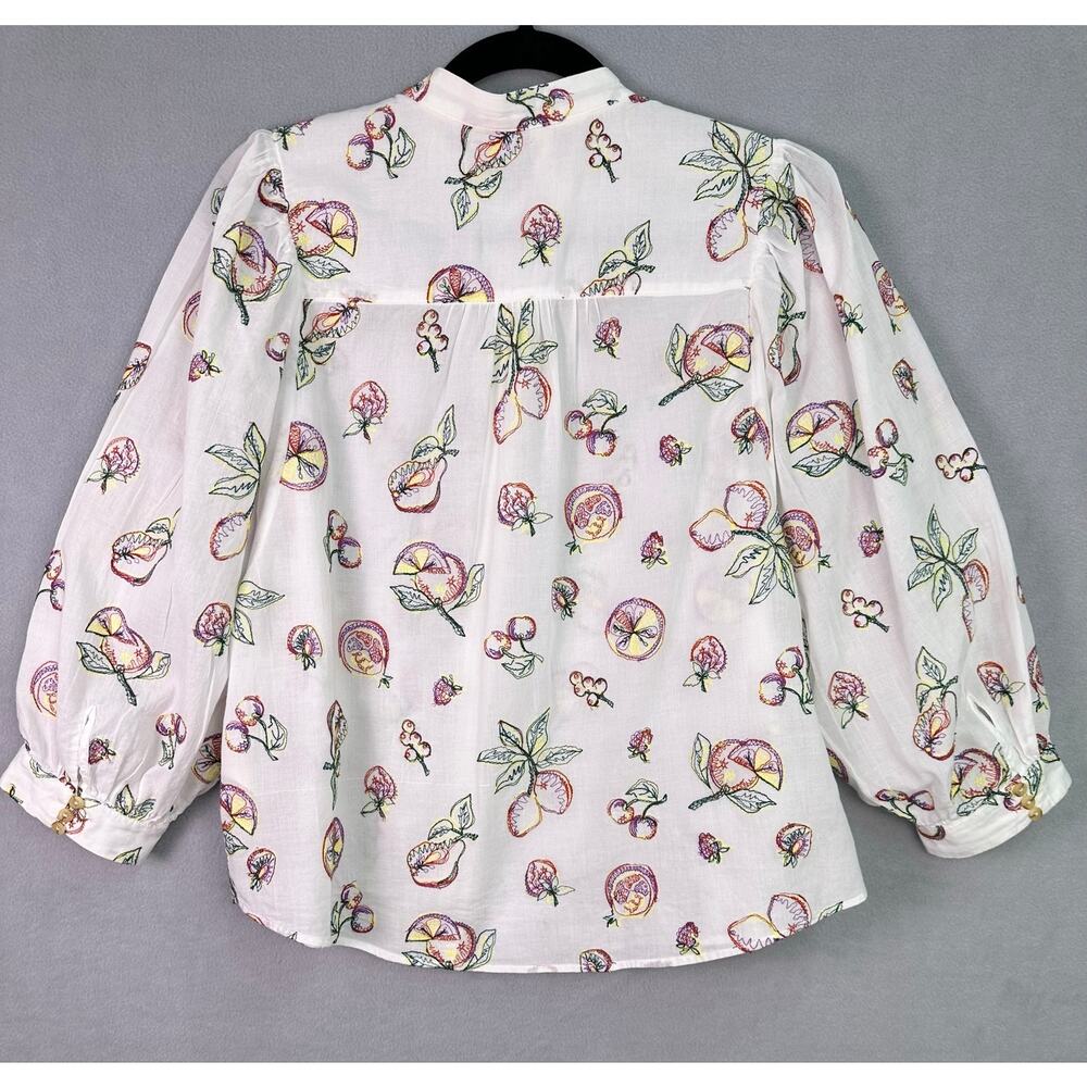 Anthropologie Pilcro Bella Embroidered Fruit Blouse White Cotton Medium Petite - Picture 5 of 12